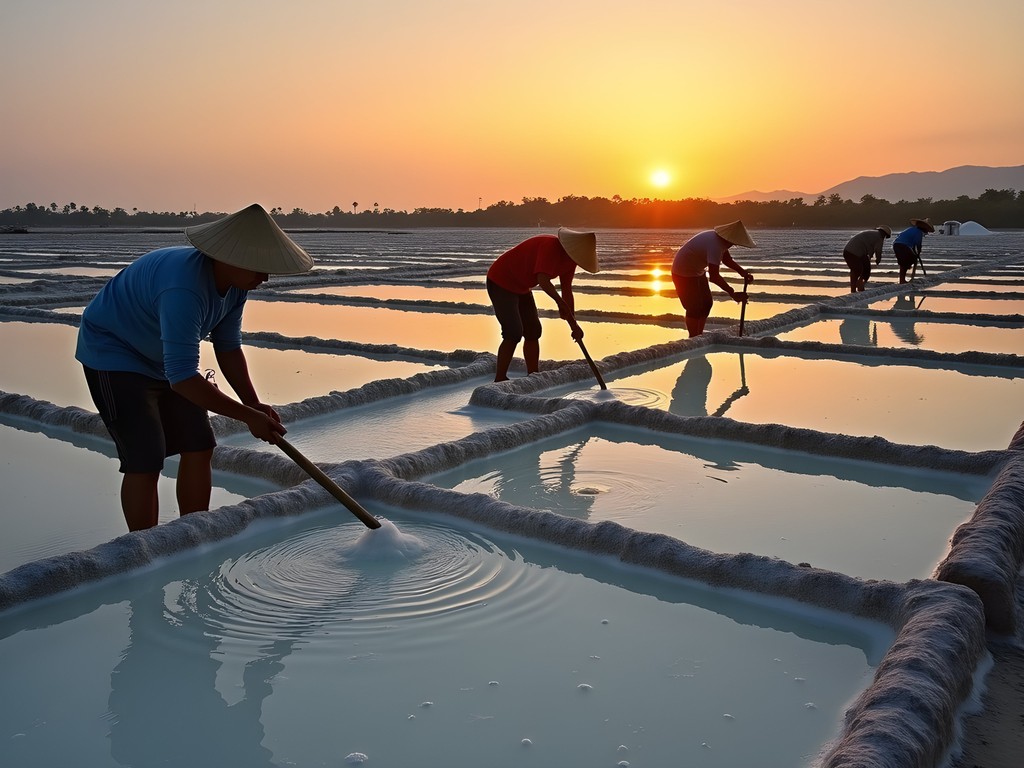 Traditional salt farms in Bulacan at sunset with workers harvesting salt