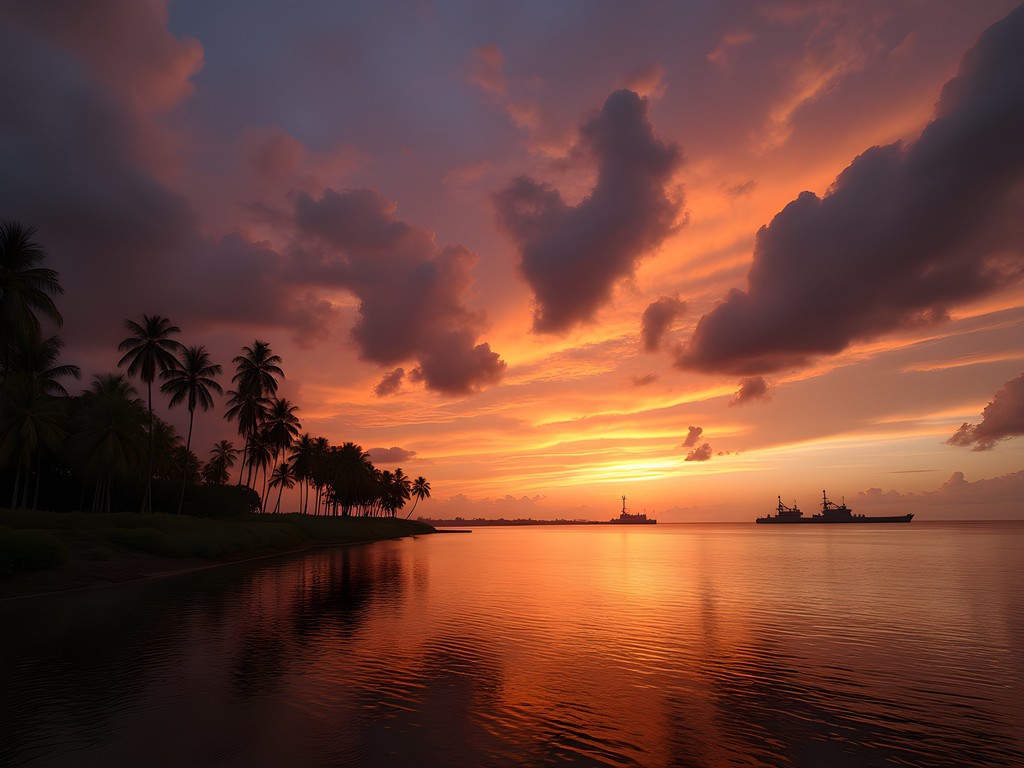 Sunset over Subic Bay with silhouettes of old naval structures and palm trees