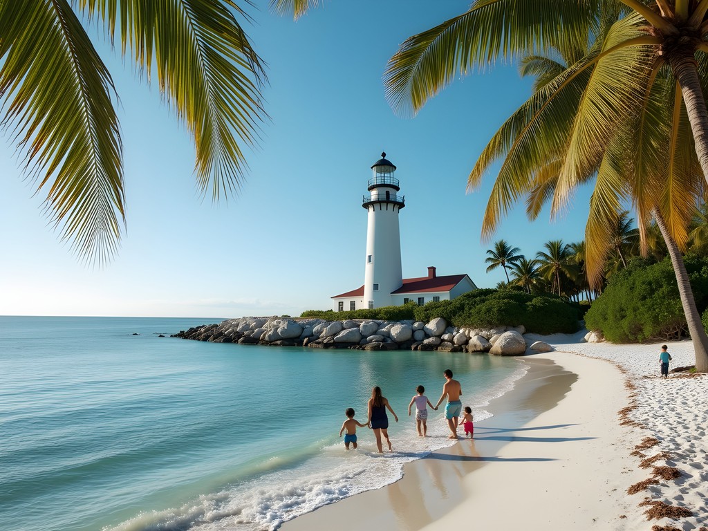 Cape Florida Lighthouse with calm beach and families playing in shallow water