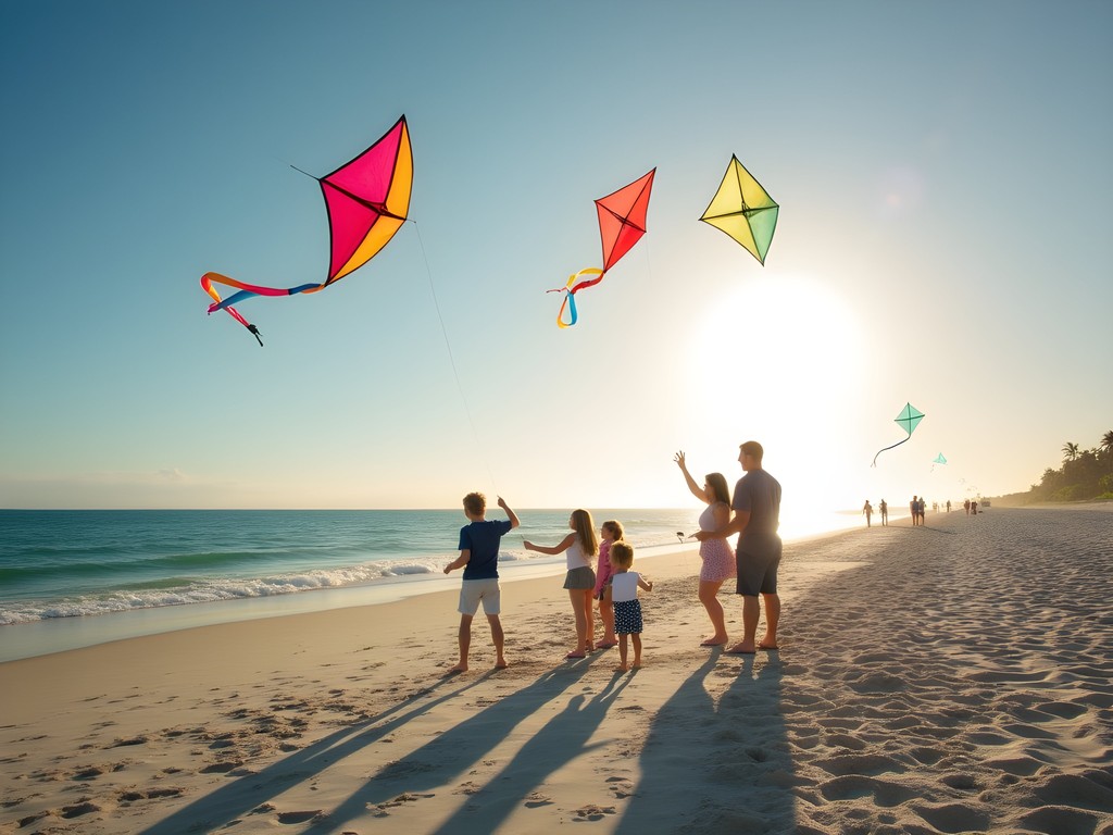 Families flying colorful kites on Haulover Beach with Atlantic Ocean in background