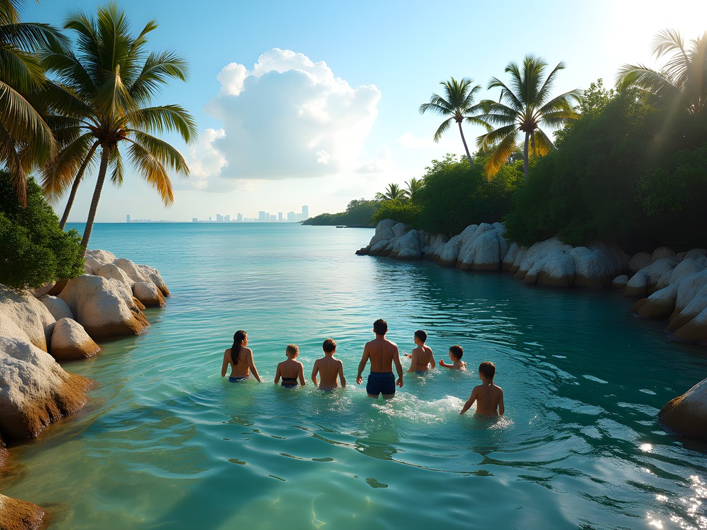 Families enjoying the natural atoll pool at Matheson Hammock Park with Miami skyline in distance