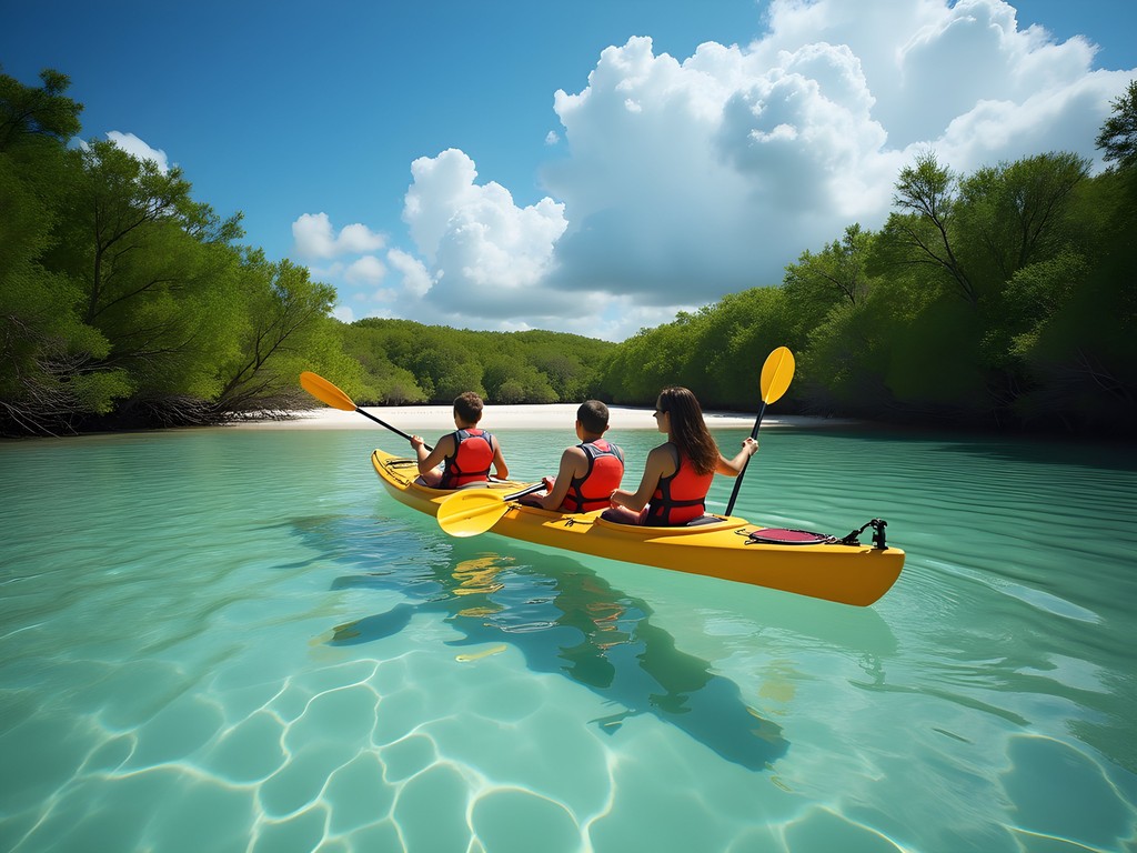 Family kayaking near the small beach at Oleta River State Park with mangroves in background