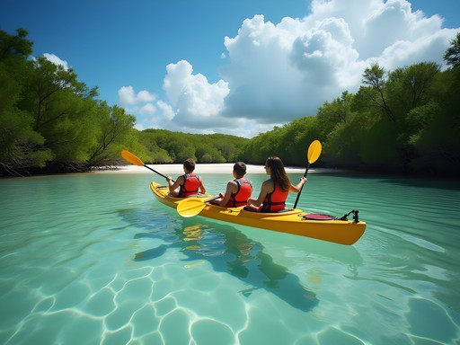 Family kayaking near the small beach at Oleta River State Park with mangroves in background