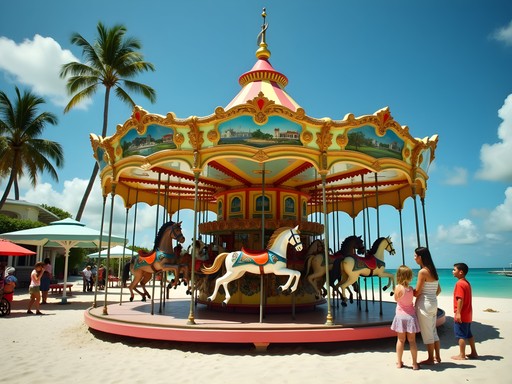 Vintage carousel at Virginia Key Beach with families enjoying rides and beach visible in background