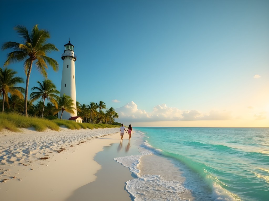 Cape Florida Lighthouse with secluded beach in foreground at Bill Baggs State Park