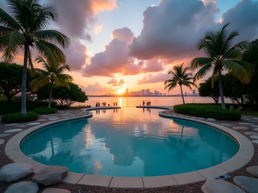 Atoll pool at Matheson Hammock Park at sunset with Miami skyline