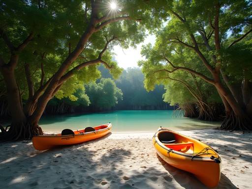 Secluded beach at Oleta River State Park with mangroves and kayakers