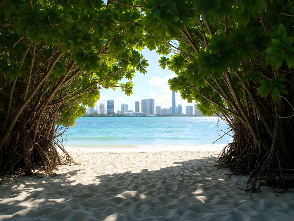Secluded cove at Virginia Key Beach with mangroves and clear water
