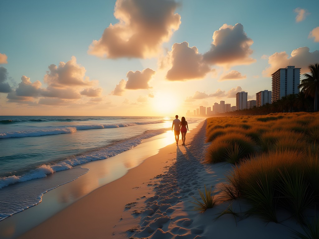 Couple walking along secluded Haulover Beach at sunset with Miami skyline in distance