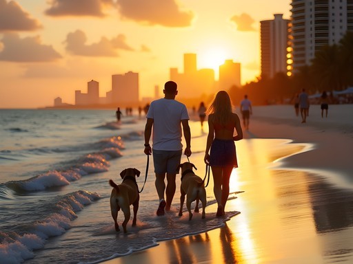Couple walking dogs at Hobie Beach with Miami skyline at sunset