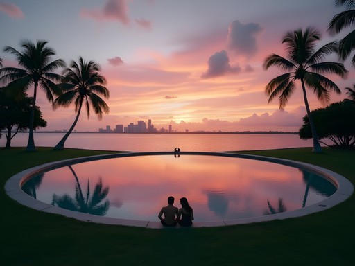 Matheson Hammock Park's natural atoll pool at sunset with Miami skyline