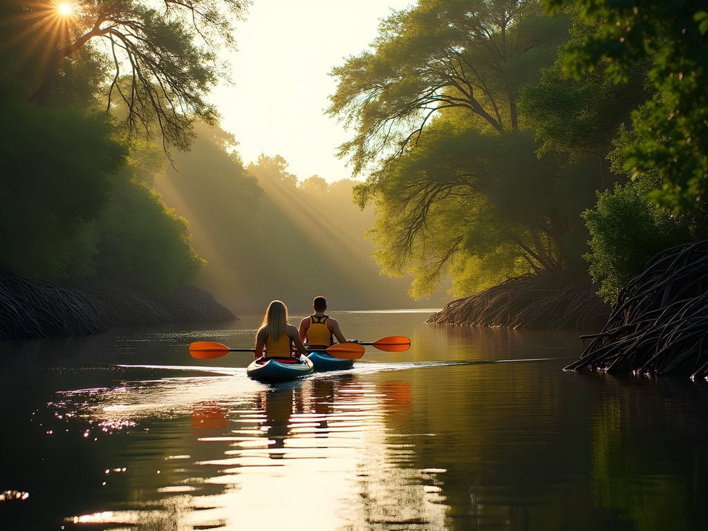 Couple kayaking near the hidden beach at Oleta River State Park with mangroves