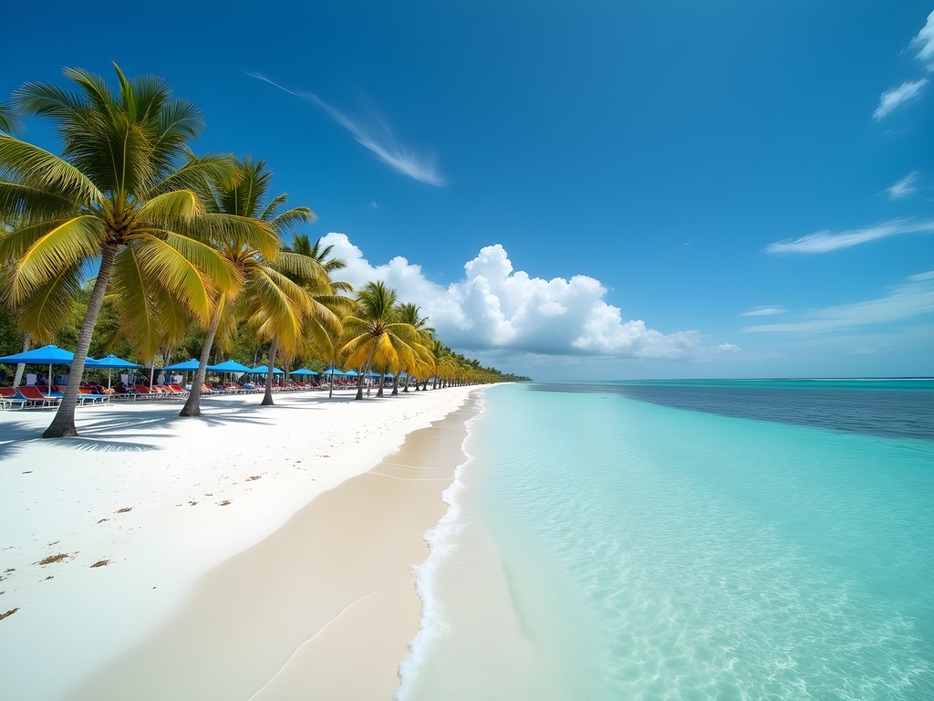 Palm-lined shore of Crandon Park Beach on Key Biscayne with crystal clear waters
