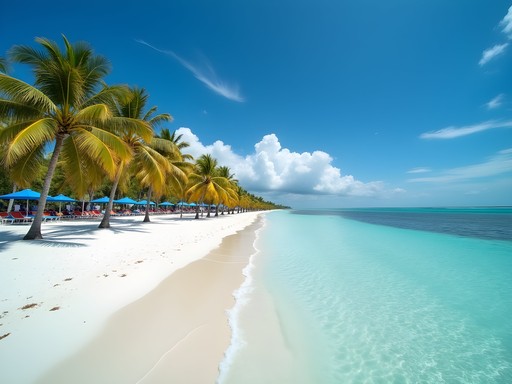 Palm-lined shore of Crandon Park Beach on Key Biscayne with crystal clear waters