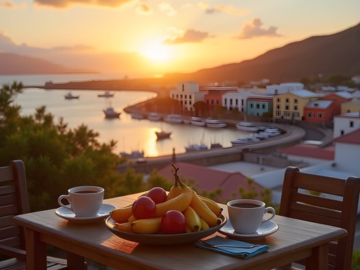 Rooftop terrace view from boutique hotel in Mindelo overlooking the harbor