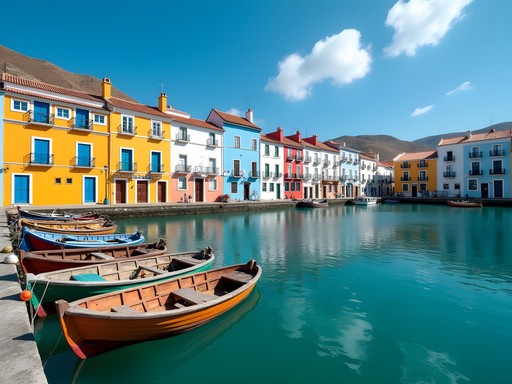 Colorful buildings of Mindelo harbor with traditional fishing boats