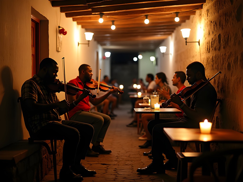 Local musicians performing traditional morna music in a Mindelo café