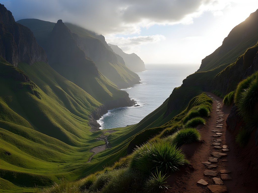 Dramatic hiking trail in Santo Antão island with terraced farms and coastal views