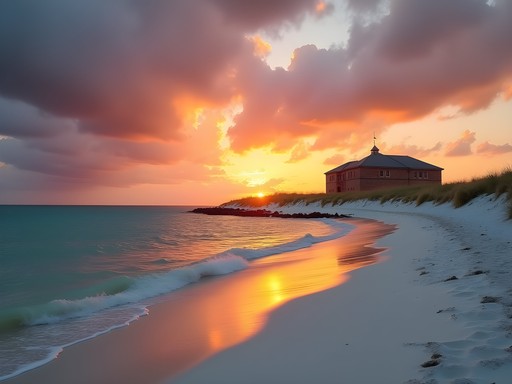 Fort Morgan Peninsula beach at sunset with calm Gulf waters and historic fort silhouette