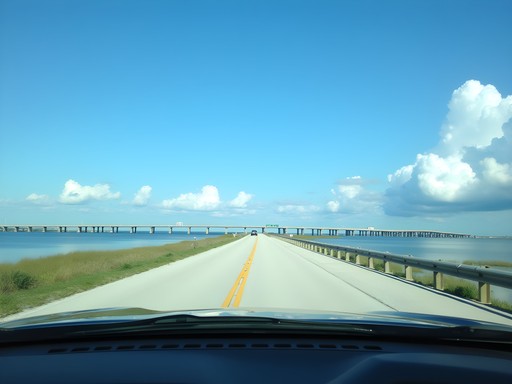 Scenic causeway bridge crossing Mobile Bay toward Dauphin Island Alabama