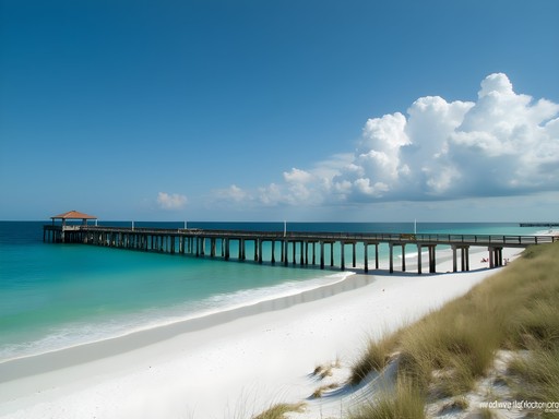 Family walking along the wooden pier at Gulf Shores State Park with turquoise waters below