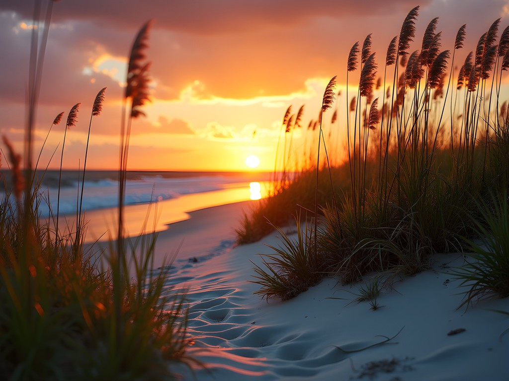 Photographer capturing golden hour light on Mobile's beaches with sea oats in foreground