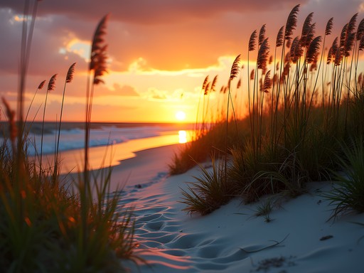 Photographer capturing golden hour light on Mobile's beaches with sea oats in foreground