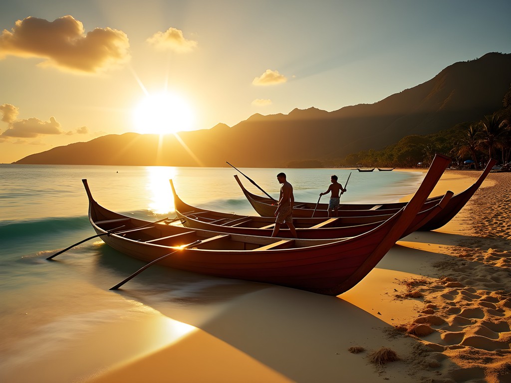 Traditional outrigger canoes at sunrise on Baie des Pirogues beach in Mont-Dore