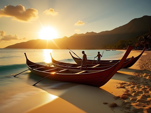 Traditional outrigger canoes at sunrise on Baie des Pirogues beach in Mont-Dore
