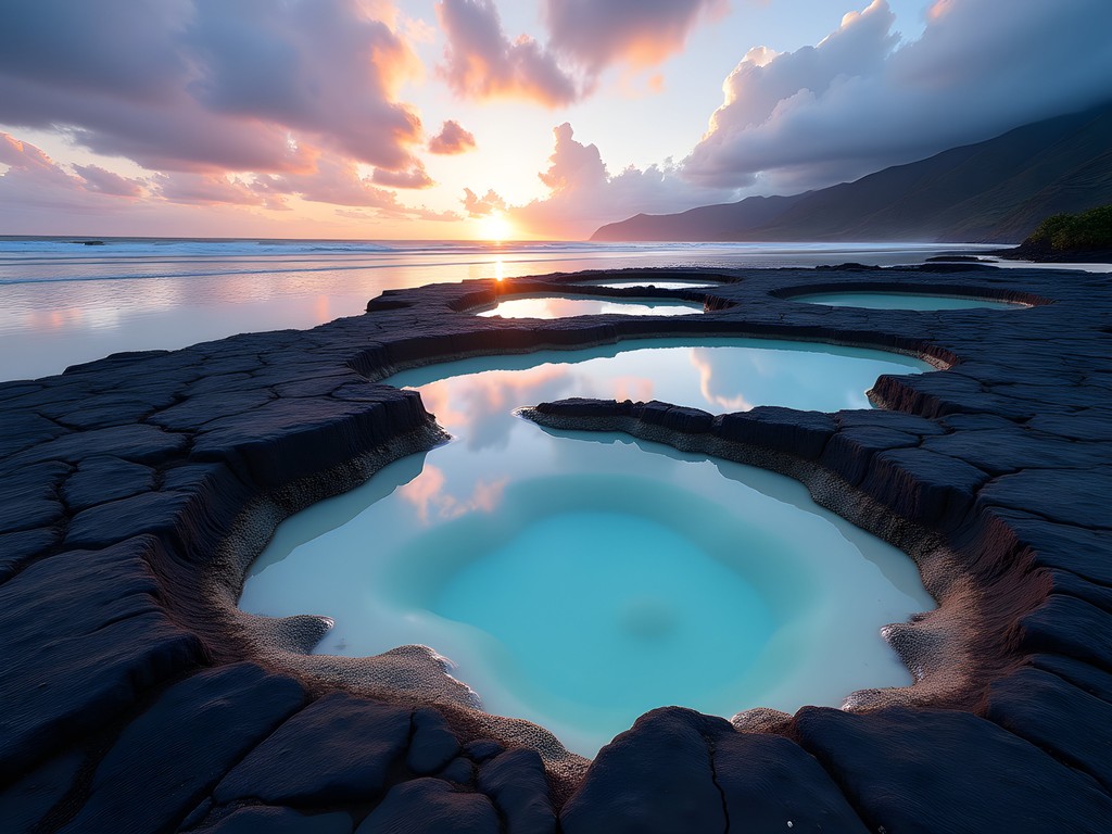 Natural infinity pools formed by receding tide at Grande Plage du Sud in Mont-Dore