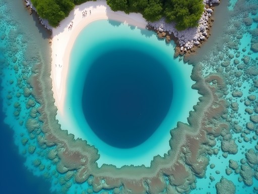 Aerial view of the electric blue lagoon surrounded by coral reef in Mont-Dore