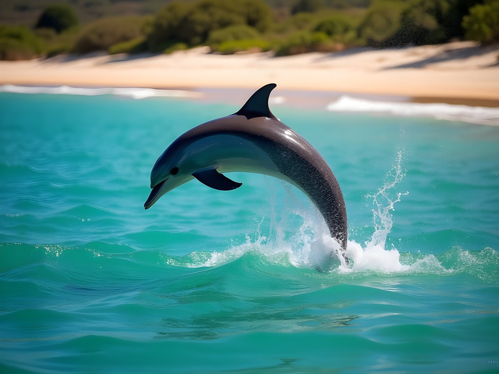Spinner dolphins jumping near the sandbar at Plage des Dauphins in Mont-Dore