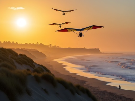 Colorful hang gliders soaring over Marina State Beach at sunset in Monterey