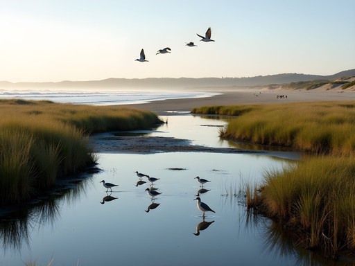 Pristine shoreline of Zmudowski State Beach with shorebirds and wetlands