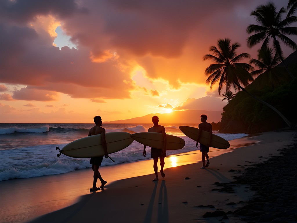Dramatic sunset at Haapiti Beach with silhouettes of surfers returning from evening session
