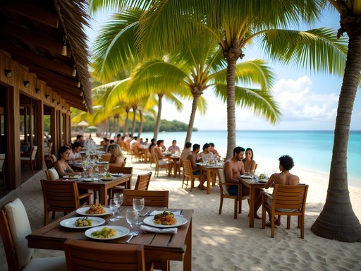 Les Tipaniers Beach restaurant with mix of travelers and locals enjoying beachfront dining in Moorea