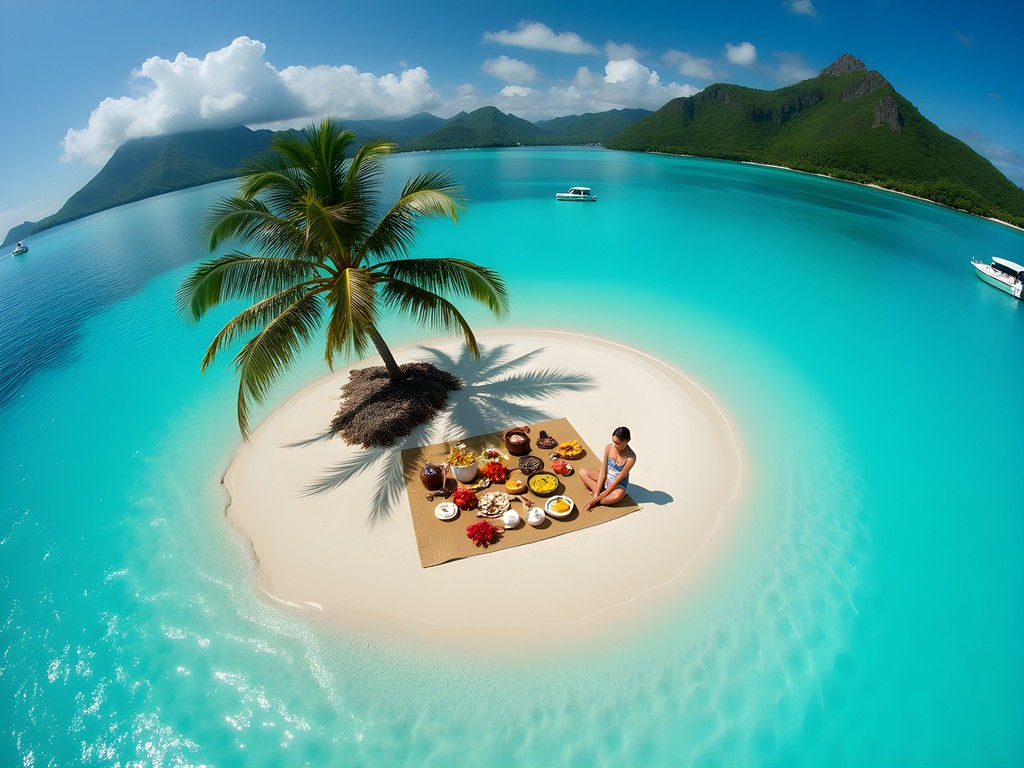 Luxury picnic setup on private motu with traditional Polynesian feast and turquoise waters surrounding tiny island