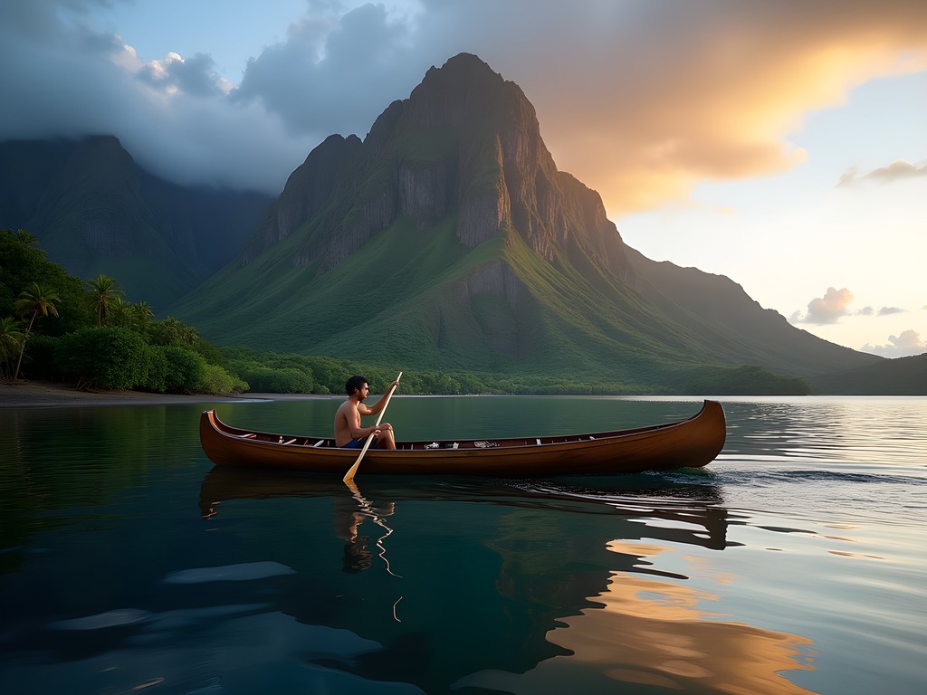 Traditional outrigger canoe on Opunohu Bay with dramatic mountain backdrop in Moorea