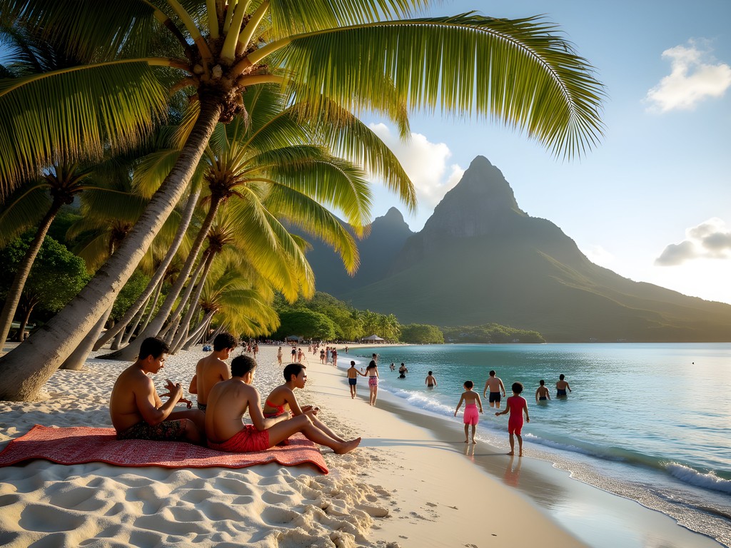 Local Polynesian families enjoying weekend gathering at Ta'ahiamanu Beach with Mount Rotui in background