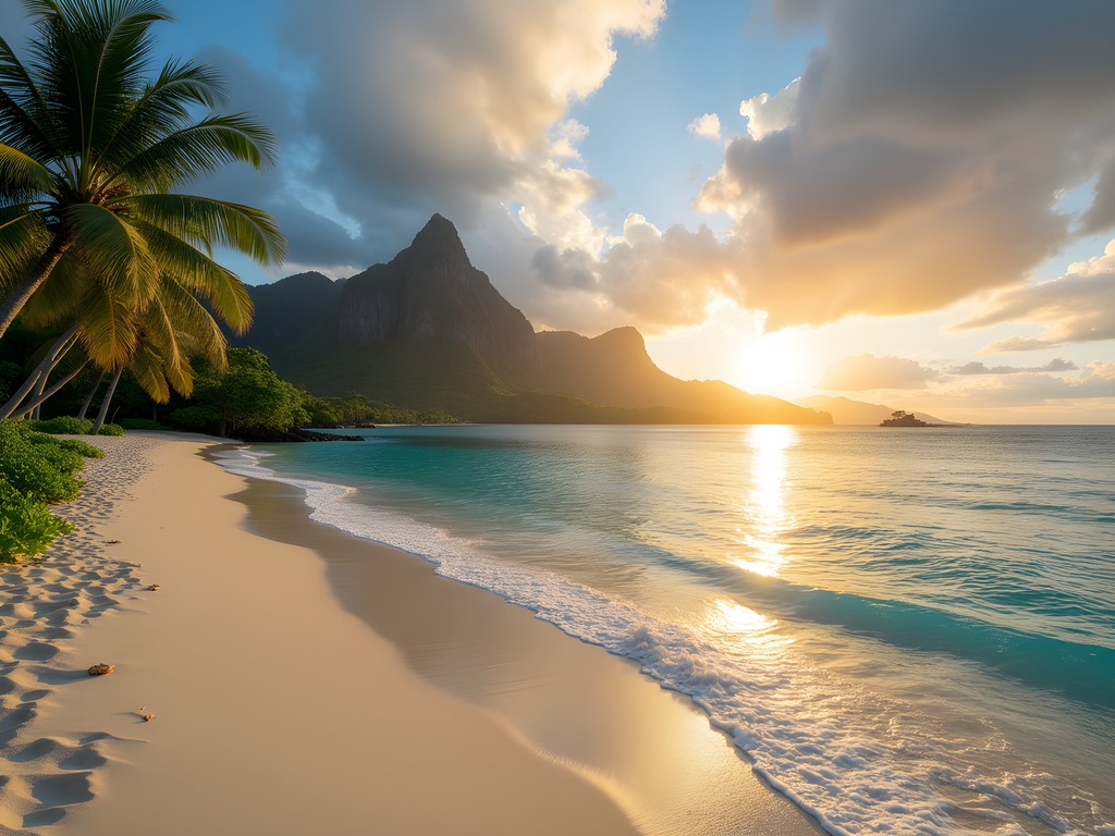 Sunrise over Temae Beach in Moorea with view of Tahiti in the distance