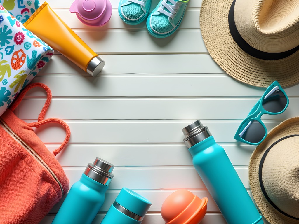 Flatlay of beach day essentials including sunscreen, water bottles, and toys