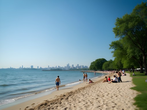 Beach shoreline at Glen Island Park with Manhattan skyline visible in distance