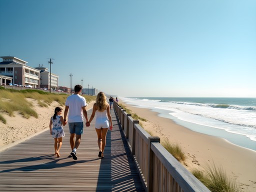 Jones Beach State Park boardwalk with families walking along the shore