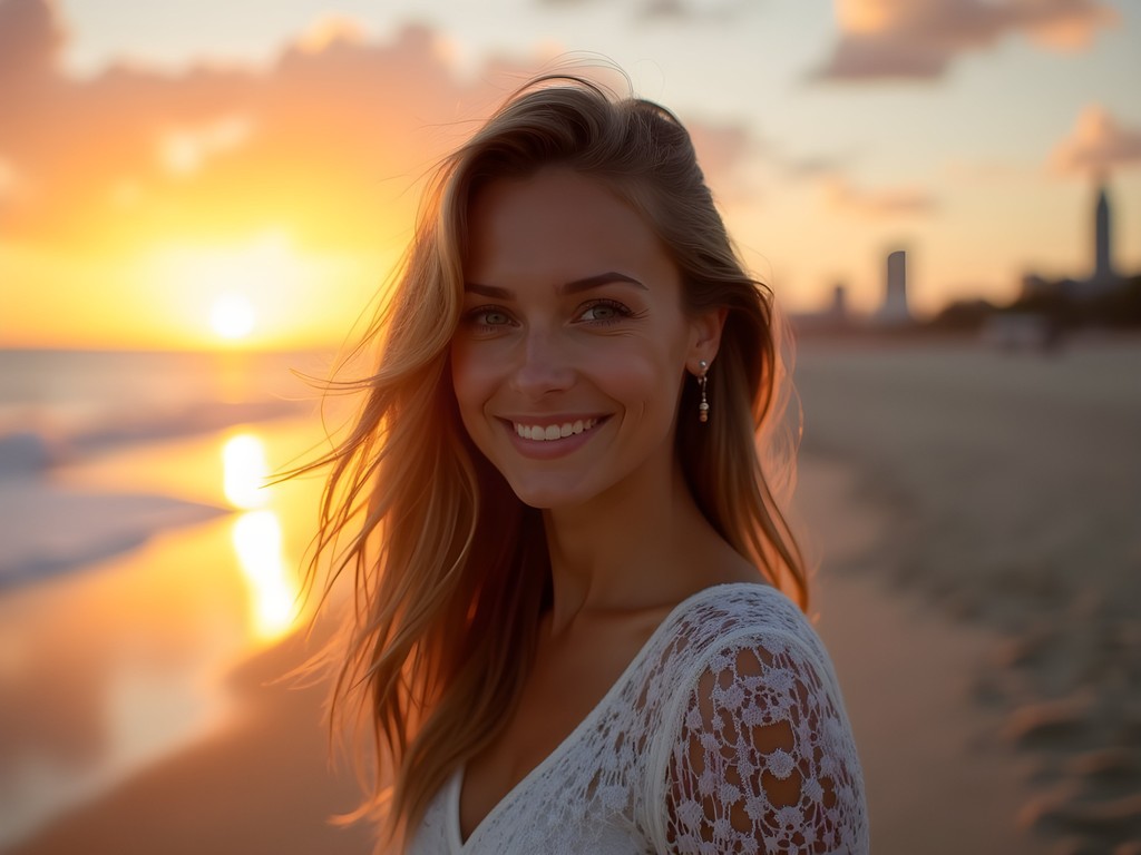 Woman enjoying sunset at New York beach with skyline in distance