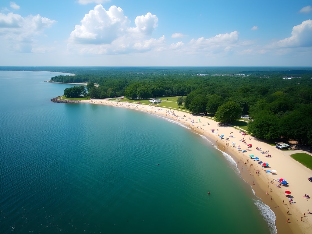 Aerial view of Orchard Beach's crescent shoreline in the Bronx