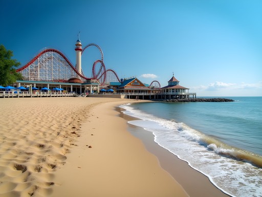 View of Playland Beach with historic amusement park rides visible in background