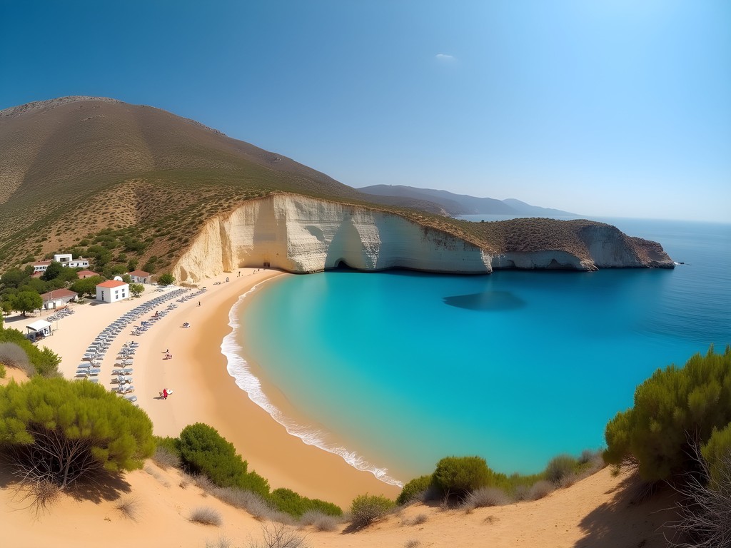 Panoramic view of Agios Sostis Beach showing golden sand and turquoise waters in Mykonos