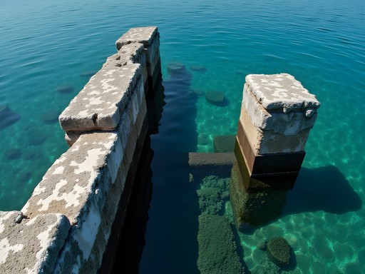 Historic stone pier remains at Frangia Beach with crystal clear water in Mykonos