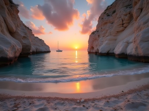 Dramatic sunset at Kapari Beach with white rocks glowing in golden hour light