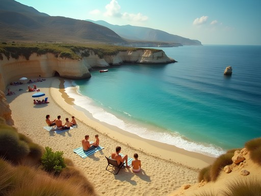 Greek families enjoying a quiet day at secluded Loulos Beach in Mykonos